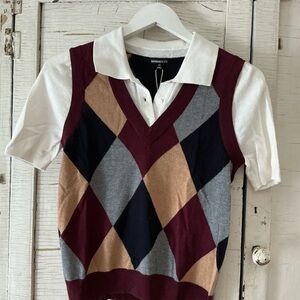 Minnie Rose White, Burgundy, Navy & Gray Argyle Polo Vest